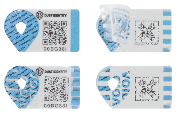 DUST Identity SecurityLabels wirh diamond dust in different phases - applied, peeled, tampered and leave-behind