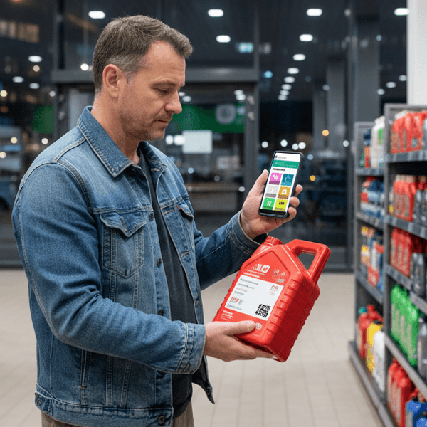 Man is scanning a QR-code on an oil container with his smartphone