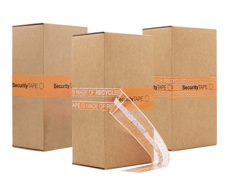 Security Tapes made of recycled material on boxes - applied, peeled and tampered